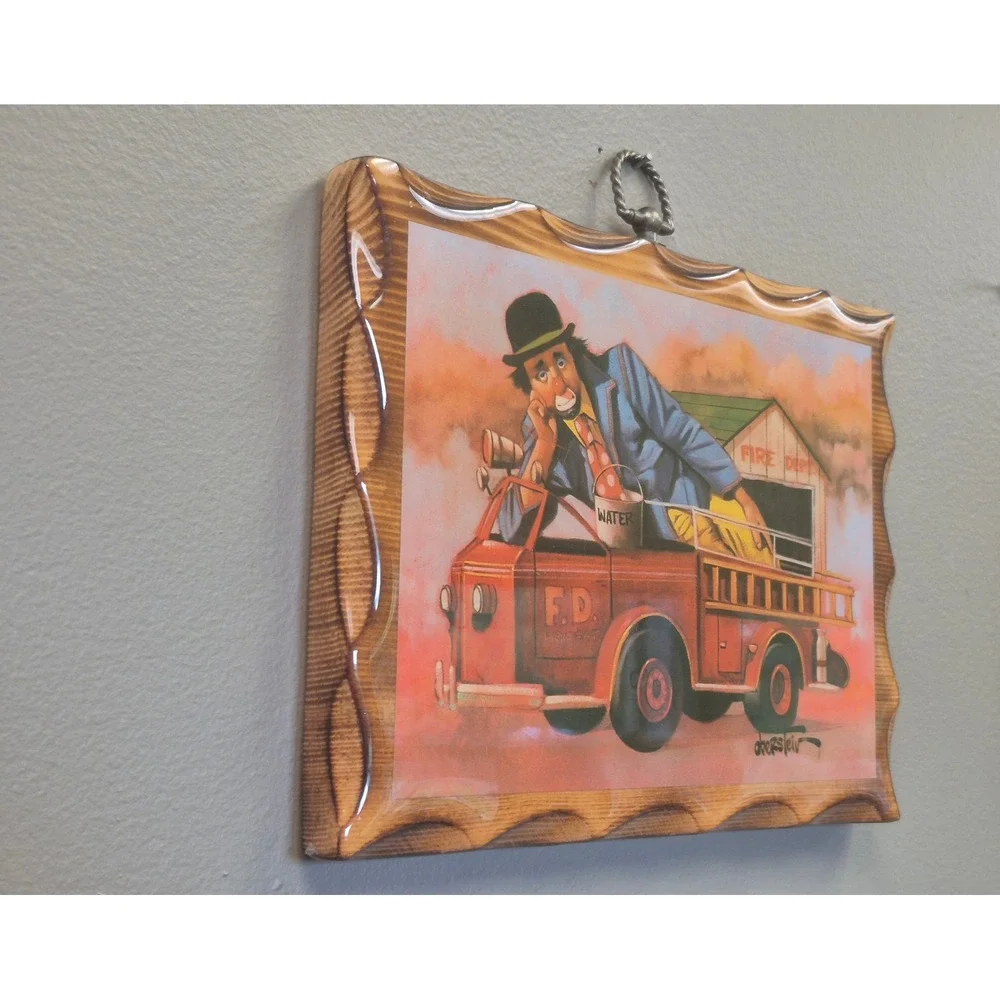 Vintage Oberstein Clown Fire Truck Firefighter Wood Wall Plaque Print Wall Decor